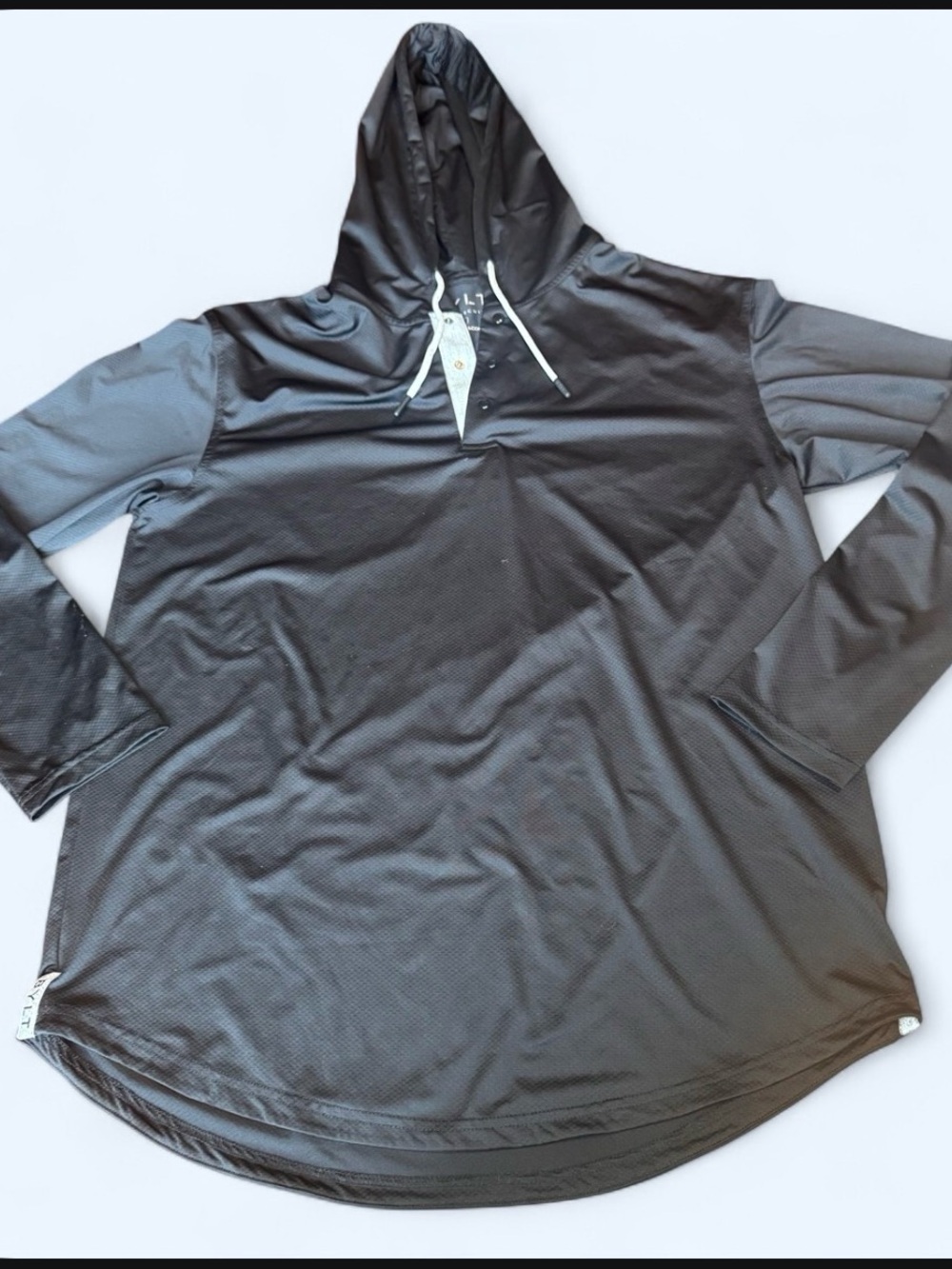 BYLT Basics Black Lightweight hooded Henley  Branded Tag sides performance wear
